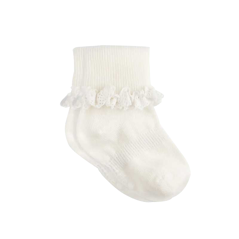 A charming image showcasing "The Ruffled Stay on Socks," adorable baby socks with delightful ruffled details. Designed to stay securely on tiny feet, these socks provide both comfort and a touch of cuteness for your little one.