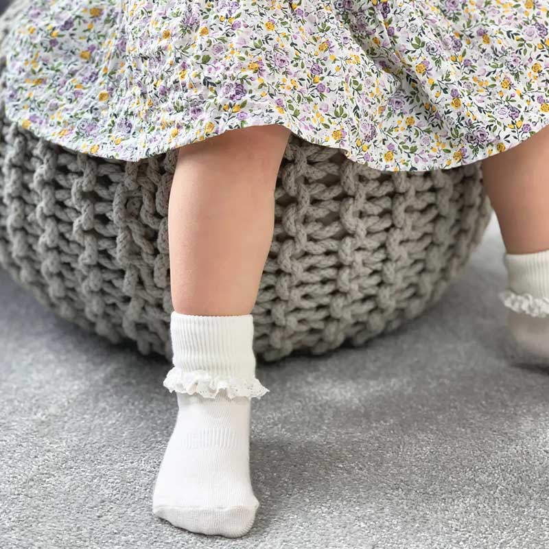 A charming image showcasing "The Ruffled Stay on Socks," adorable baby socks with delightful ruffled details. Designed to stay securely on tiny feet, these socks provide both comfort and a touch of cuteness for your little one.